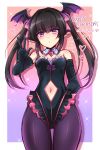  1girl absurdres bangs black_hair black_legwear black_leotard blunt_bangs blush breasts commentary_request elbow_gloves gloves highres kiraki leotard long_hair looking_at_viewer navel navel_cutout pantyhose pink_eyes senki_zesshou_symphogear shiny shiny_hair shiny_skin solo standing thighs tsukuyomi_shirabe twintails 