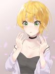 1girl :0 absurdres bangs black_neckwear black_tank_top blonde_hair blush breasts choker cleavage collarbone crazy_crazy_(idolmaster) crying crying_with_eyes_open eyebrows_visible_through_hair green_eyes hands_up highres idolmaster idolmaster_cinderella_girls jacket lavender_background lavender_jacket medium_breasts miyamoto_frederica nail_polish open_clothes open_jacket open_mouth petals risu_mikap short_hair simple_background solo strap_slip tank_top tearing_up tears upper_body 