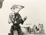  2018 ahiru621 anthro bodily_fluids canid canine carrying clothed clothing disney duo fox fully_clothed inktober judy_hopps lagomorph leporid mammal nick_wilde police_uniform rabbit red_fox standing sweat sweatdrop traditional_media_(artwork) uniform zootopia 