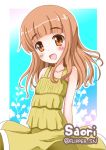  1girl :d arms_behind_back bangs blunt_bangs casual character_name commentary dress eyebrows_visible_through_hair flipper girls_und_panzer long_hair looking_at_viewer open_mouth orange_eyes orange_hair outline smile solo standing sundress takebe_saori twintails white_outline wind wind_lift yellow_dress younger 