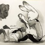  1:1 2018 ahiru621 anthro bodily_fluids bottle canid canine clothed clothing disney drinking duo fox fully_clothed hi_res holding_bottle holding_object inktober judy_hopps lagomorph leporid mammal nick_wilde rabbit red_fox sitting sweat sweatdrop traditional_media_(artwork) zootopia 