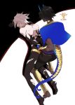  676643396dolce absurdres arjuna_alter bare_shoulders barefoot bent_over black_hair blue_capelet blue_eyes bodysuit breath capelet dark_skin dark_skinned_male earrings fate/grand_order fate_(series) highres horns jewelry karna_(fate) male_focus pale_skin restrained tail torn_bodysuit torn_clothes white_hair 