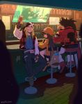  1girl 2boys ^_^ alcohol arm_up asaya_minoru axl_low backpack bag bandana bar bar_stool beer black_gloves black_pants blonde_hair blue_shirt blurry blurry_foreground boots brown_eyes brown_footwear brown_gloves brown_hair closed_eyes cup depth_of_field drinking_glass facing_viewer fingerless_gloves food french_fries gloves grin guilty_gear guilty_gear_strive holding holding_cup holding_food jacket long_hair long_sleeves looking_at_viewer looking_back may_(guilty_gear) multiple_boys open_clothes open_jacket orange_footwear orange_shirt pants plaid_jacket ponytail red_footwear red_jacket shirt shoes sitting smile sol_badguy stool sword very_long_hair weapon white_pants wooden_floor 