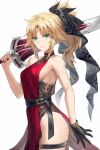  1girl absurdres bare_shoulders belt black_gloves blonde_hair braid breasts clarent_(fate) closed_mouth dress fate/apocrypha fate_(series) gloves green_eyes hair_ribbon half_up_braid highres long_hair looking_at_viewer mordred_(fate) mordred_(fate/apocrypha) parted_bangs ponytail red_dress ribbon sideboob sidelocks small_breasts solo sword thigh_strap thighs tonee weapon 