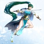  1girl capelet delsaber dress earrings fingerless_gloves fire_emblem fire_emblem:_the_blazing_blade fire_emblem_heroes full_body gloves green_eyes green_hair highres holding holding_sword holding_weapon jewelry long_hair lyn_(fire_emblem) open_mouth pelvic_curtain ponytail side_slit solo sword weapon white_gloves 