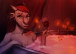  2020 absurd_res alcohol anthro bath beverage bovid candle caprine ear_piercing ear_ring facial_piercing female fingers goat goatesque hair hi_res horn mammal nose_piercing nude piercing red_hair ring romantic_ambiance single smile solo wine 