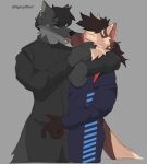 5_fingers anthro artist_name black_body black_clothing black_fur black_hair black_nose black_tail blue_clothing blush bodily_fluids bottomwear brown_body brown_fur brown_hair bulge canid canine canis clothed clothed_anthro clothing deep_kiss detailed_bulge digital_media_(artwork) domestic_dog duo ear_piercing ear_ring edugta_(character) erection erection_under_clothing eyes_closed facial_piercing fingers french_kissing full_body_suit fur genital_outline german_shepherd grey_body grey_fur hair half-closed_eyes hand_around_neck hand_on_bulge hand_on_face herding_dog hi_res industrial_piercing inner_ear_fluff kissing lip_piercing looking_at_another looking_at_partner male male/male mammal multicolored_body multicolored_fur multicolored_tail narrowed_eyes nose_piercing nose_ring open_mouth pants pastoral_dog penis_outline phol_(phol_69) piercing pink_tongue purple_eyes racing_suit ring_piercing saliva septum_piercing shirt signature simple_background snakebite_piercing spicyphol standing tail tan_body tan_fur tan_inner_ear tan_inner_ear_fluff tongue tongue_out topwear tuft wolf
