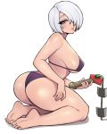  ass bikini blue_eyes breasts curvy donburikazoku feet grabbing grabbing_own_thigh highres isabella_valentine large_breasts looking_back parted_lips plump purple_bikini short_hair silver_hair soul soul_edge_(weapon) soulcalibur swimsuit sword thighs toes weapon whip_sword 