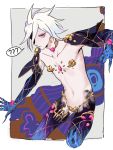  1boy 676643396dolce ? ?? armlet armor bikini_armor blue_eyes blue_legwear blue_sleeves collar cosplay covered_nipples fate/grand_order fate_(series) flower highres kama_(fate/grand_order) kama_(fate/grand_order)_(cosplay) karna_(fate) lotus male_focus metal_collar pale_skin pun revealing_clothes solo spoken_question_mark thighlet white_hair 