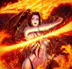  1girl :d arachne arm_up armlet arthropod_girl black_hair breasts centauroid chaos_witch_quelaag commentary_request convenient_censoring dark_souls_(series) dark_souls_i dated fingernails fire fire_censor groin highres jewelry long_fingernails long_hair looking_at_viewer medium_breasts monster_girl navel nude open_mouth parted_bangs ponytail red_eyes saran_wrap_(sf_seijin) shotel sidelocks signature smile solo spider_girl stomach sword taur teeth upper_teeth_only weapon 