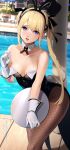  1girl animal_ear_hairband animal_ears black_hairband black_leotard black_ribbon blonde_hair blue_eyes blush bolo_tie breasts brown_pantyhose collarbone commentary_request day dead_or_alive dead_or_alive_xtreme detached_collar fake_animal_ears fake_tail feet_out_of_frame fishnet_pantyhose fishnets gloves hair_ornament hair_ribbon hairband highres holding holding_tray leotard long_hair looking_at_viewer marie_rose nakano_maru open_mouth pantyhose playboy_bunny pool rabbit_ear_hairband rabbit_ears rabbit_tail ribbon signature small_breasts solo tail teeth tray twintails upper_teeth_only very_long_hair white_gloves white_wrist_cuffs wrist_cuffs x_hair_ornament 