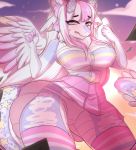  2019 anthro big_breasts blue_eyes blush bottomwear breasts clothed clothing digital_media_(artwork) dragon embarrassed female fingers fur furred_dragon hair horn inkbuns legwear looking_at_viewer open_mouth panties polestar skirt solo topwear underwear upskirt wings 