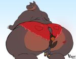  &lt;3 ambiguous_gender anthro big_butt blush bottomwear butt canid canine canis clothing common_hippopotamus denim denim_clothing domestic_dog duo facesitting hi_res hippopotamid huge_butt hyper hyper_butt julian_(kazecat) kazecat male mammal miles_(kingofkof) obese overweight pinned pose shorts size_difference 