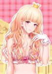  1girl bangs bare_shoulders blonde_hair bow bow_bra bra breasts cleavage closed_mouth crown daidai_jamu earrings eyebrows_visible_through_hair frilled_bra frills gloves hand_up heart heart_earrings jewelry lace lace-trimmed_gloves light_smile long_hair looking_at_viewer medium_breasts mini_crown original pink_background pink_bra plaid plaid_background purple_eyes solo underwear underwear_only upper_body valentine wavy_hair white_gloves 