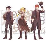  1girl 2boys alternate_costume belt black_gloves black_hair blonde_hair book boots brown_eyes brown_gloves closed_mouth felix_hugo_fraldarius fire_emblem fire_emblem:_three_houses flower formal gloves green_eyes hair_flower hair_ornament hat high_heel_boots high_heels highres holding holding_book holding_hat ingrid_brandl_galatea long_sleeves multiple_boys red_hair short_hair snrn_w suit sylvain_jose_gautier wrench 