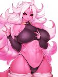  1girl abs android_21 bare_shoulders black_panties black_sclera breasts cameltoe commentary_request covered_nipples curvy detached_hand dragon_ball dragon_ball_z fang fumio_(rsqkr) highres large_breasts lips long_hair looking_at_viewer majin_android_21 navel o-ring panties pink_eyes pink_hair pink_tail simple_background smile solo tail thick_thighs thighs underwear very_long_hair white_background white_legwear wide_hips 