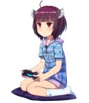  1girl ahoge bangs black_shirt blue_hoodie blunt_bangs blush closed_mouth controller eyebrows_visible_through_hair full_body hair_ornament highres holding holding_controller hood hood_down itou_(onsoku_tassha) no_shoes on_pillow pillow playing_games purple_hair red_eyes shirt short_sleeves sitting socks solo touhoku_kiritan transparent_background voiceroid wariza white_legwear 