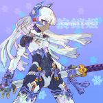  1girl bodysuit commentary_request dark-skinned_female dark_skin headpiece holding holding_sword holding_weapon nakayama_tooru original purple_eyes solo sword weapon white_hair 