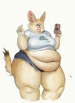  belly big_belly button_pop canid canine cellphone cettus clothed clothing female fennec fox hi_res mammal obese overweight overweight_female phone thick_thighs 