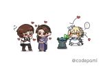  1boy 2girls alchemy arm_at_side black_gloves black_pants blonde_hair blue_trim blush boots braid braided_ponytail brown_eyes brown_footwear brown_hair brown_vest chibi chinese_clothes closed_mouth codepami collared_shirt couple detached_sleeves dress flower flying_sweatdrops genshin_impact gloves hair_between_eyes hair_flower hair_ornament hair_over_shoulder halterneck hand_up heart hetero holding jitome lapels long_hair long_sleeves looking_down lumine_(genshin_impact) multiple_girls no_mouth open_mouth own_hands_together pants purple_sleeves scarf shirt short_hair short_hair_with_long_locks short_sleeves sidelocks smile standing third_wheel timaeus_(genshin_impact) twitter_username vest white_background white_dress white_flower white_scarf white_shirt white_sleeves ying&#039;er_(genshin_impact) 