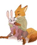  2020 anthro barefoot bottomwear canid canine clothed clothing disney duo food fox fully_clothed fur green_eyes grey_body grey_fur hi_res holding_food holding_object judy_hopps lagomorph leporid mammal monmokamoko nick_wilde open_mouth open_smile orange_body orange_fur pants purple_eyes rabbit red_fox simple_background sitting smile sweater topwear white_background zootopia 