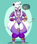 absurd_res anthro armwear bear blue_eyes blush clothing cosplay elbow_gloves femboy fur gloves hands_on_hips handwear hi_res ivy_valentine keith_(pennyftzgerald) kirbot12 looking_at_viewer male mammal polar_bear purple_armwear purple_clothing purple_elbow_gloves purple_gloves purple_handwear shaking_hips solo soul_calibur speech_bubble teapot_(body_type) teddy_bear_(species) thick_thighs ursine white_body white_fur wide_hipped_anthro wide_hipped_male wide_hips