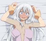  1girl armpits arms_up blush breasts breasts_apart constricted_pupils embarrassed long_hair looking_at_viewer lying medium_breasts naked_towel on_back original purple_towel restrained salpin solo_focus sweat towel upper_body wavy_mouth wet white_hair 