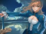  1girl absurdres ahoge artoria_pendragon_(all) blonde_hair breasts cleavage cleavage_cutout cloud cloudy_sky dress excalibur fate/stay_night fate_(series) green_eyes hair_down hand_on_hilt highres long_hair saber sky solo standing standing_on_liquid wavy_hair yurian_(user_utch8788) 