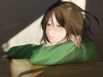  1boy absurdres androgynous black_hair brown_hair fate/zero fate_(series) green_eyes green_shirt hand_on_own_shoulder highres light_rays male_focus shirt solo sunbeam sunlight sweater tears waver_velvet yurian_(user_utch8788) 