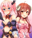  1girl 2girls ahoge blue_eyes blush brown_eyes brown_hair chiyoda_momo cosplay costume_switch demon_girl demon_horns demon_tail eyebrows_visible_through_hair hair_ornament horns long_hair machikado_mazoku magical_girl multiple_girls open_mouth pekesuke pink_hair revealing_clothes shiny shiny_hair tail translation_request yoshida_yuuko_(machikado_mazoku) yuri 