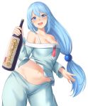  1girl aqua_(konosuba) aqua_hair blue_eyes blue_pants bottle breasts camisole cleavage collarbone cowboy_shot eyebrows_visible_through_hair hair_between_eyes hair_bobbles hair_ornament highres kono_subarashii_sekai_ni_shukufuku_wo! long_hair looking_at_viewer low-tied_long_hair medium_breasts midriff navel nyatokanyaru off_shoulder open_mouth pants simple_background sleepwear solo straight_hair strap_slip white_background wine_bottle 