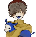  1boy ^_^ alternate_hair_color animal animification beanie blue_fur brown_hair chinese_commentary closed_eyes commentary_request dream_smp friend_the_sheep ghostbur happy hat highres holding holding_animal male_focus minecraft_youtube open_mouth pet red_hat sheep short_hair simple_background smile solo sweater threeerjiushisuier turtleneck turtleneck_sweater upper_body white_background wilbur_soot yellow_sweater 