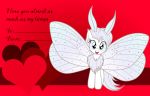  arthropod badumsquish english_text equid equine fan_character female flūf_(oc) fur grey_eyes hair hi_res holidays horse hybrid insect insect_wings lepidopteran looking_at_viewer mammal mane moth my_little_pony pony silver_eyes solo text valentine&#039;s_day valentines_day_card white_body white_fur white_hair wings 