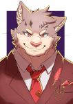  aged_up anthro clothed clothing domestic_cat dress_shirt felid feline felis fur grey_body grey_fur hi_res jacket looking_at_viewer loose_feather male mammal multicolored_body multicolored_fur necktie shirt simple_background sitri solo tokyo_afterschool_summoners topwear two_tone_body two_tone_fur video_games watoson whiskers white_body white_fur 