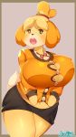  2019 animal_crossing anthro big_breasts black_nose blush bodily_fluids bottomwear breasts canid canine canis clothing domestic_dog female fur hi_res isabelle_(animal_crossing) mammal mofumofumachine navel nintendo open_mouth simple_background skirt solo sweat sweatdrop tan_body tan_fur toy_dog video_games 