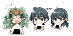  1boy 2girls blue_eyes blue_hair braid byleth_(fire_emblem) byleth_(fire_emblem)_(female) byleth_(fire_emblem)_(male) closed_eyes eating fire_emblem fire_emblem:_three_houses food green_eyes green_hair hair_ornament long_hair multiple_girls naho_(pi988y) onigiri open_mouth pointy_ears ribbon_braid short_hair simple_background sothis_(fire_emblem) tiara twin_braids twitter_username white_background 