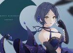  1girl absurdres bangs blue_flower blue_gloves blue_hair blush breasts character_name choker cleavage earrings elbow_gloves fingerless_gloves flower gloves hair_flower hair_ornament halterneck happy_birthday hayami_kanade highres idolmaster idolmaster_cinderella_girls idolmaster_cinderella_girls_starlight_stage jewelry lace lace_choker lace_trim looking_at_viewer medium_breasts parted_bangs parted_lips risu_mikap short_hair sleeveless smile solo upper_body yellow_eyes 