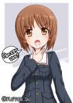  1girl bangs blue_jacket brown_eyes brown_hair commentary eyebrows_visible_through_hair flipper frown german_text girls_und_panzer hand_on_own_throat jacket long_sleeves looking_at_viewer military military_uniform nishizumi_miho ooarai_military_uniform open_mouth short_hair solo throat_microphone twintails uniform upper_body 