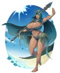  1girl absurdres barefoot beach blue_eyes breasts cape commentary_request crystal curvy dark_skin feet flower green_hair highres huge_breasts midriff navel open_mouth outstretched_arm petals pixiv_fantasia pixiv_fantasia_age_of_starlight polearm raised_eyebrows sasaki_tatsuya short_hair solo spear sunlight thick_thighs thighs toes weapon 