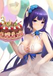  1girl abeen_jhong absurdres anniversary balloon birthday_cake blue_flower blue_ribbon blue_rose blurry blurry_background blush bow bowtie breasts cake cleavage commentary_request copyright_name dress flower food gloves hair_flower hair_ornament highres holding holding_plate honkai_(series) honkai_impact_3rd large_breasts long_hair looking_at_viewer plate raiden_mei raiden_mei_(aeterba_purum) ribbon rose smile solo strapless strapless_dress strawberry_shortcake white_dress white_gloves white_ribbon 