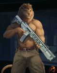  assault_rifle barazoku clothed clothing felid gun lion male mammal muscular one_eye_closed pantherine ranged_weapon rifle solo topless trigger_discipline weapon wink zorro_re 