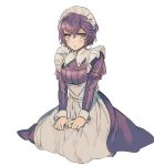  1girl bernadetta_von_varley blush fire_emblem fire_emblem:_three_houses grey_eyes highres lgw7 long_sleeves maid maid_headdress parted_lips purple_hair short_hair simple_background sitting solo white_background 