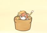  1girl beige_background beret blush bow cacalia_(flower_knight_girl) chibi commentary flower_knight_girl flower_pot hat holding holding_paintbrush in_container koti looking_at_viewer orange_headwear paintbrush palette red_hair short_hair smile solid_oval_eyes solo yellow_bow 