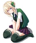  1girl blonde_hair blue_neckwear blush breasts cape dd_(ijigendd) green_cape green_legwear green_ribbon green_vest hair_between_eyes highres kantai_collection looking_at_viewer perth_(kantai_collection) plaid plaid_skirt purple_eyes ribbon shadow shirt sitting skirt small_breasts solo thighhighs thighs v_arms vest wariza white_background white_shirt zettai_ryouiki 