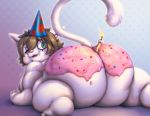  2020 anthro big_butt birthday_candle birthday_hat bitfly blush brown_hair butt candle digital_media_(artwork) domestic_cat felid feline felis frosting fur green_eyes hair hi_res kiro looking_back male mammal moobs nipples nude one_eye_closed open_mouth overweight overweight_male raised_tail rear_view signature simple_background solo sprinkles thick_thighs white_body white_fur wink 