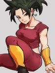  1girl arm_support arms_at_sides black_eyes black_footwear black_hair bracelet breasts collarbone crop_top dragon_ball dragon_ball_super earrings feet_out_of_frame fingernails grey_background half-closed_eyes head_tilt high_ponytail jewelry kefla_(dragon_ball) kemachiku large_breasts leg_up light_smile looking_at_viewer midriff muscle pants ponytail potara_earrings red_pants shaded_face shiny shiny_hair short_sleeves simple_background sitting solo spiked_hair 