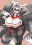  absurd_res anthro big_breasts blush bottomwear breasts canid canine cleavage clothed clothing collar countershading curvy_figure cute_fangs dipstick_tail female fox fully_clothed fur grey_body grey_fur grey_hair hair hi_res holding_tail huge_breasts inake looking_at_viewer mammal multi_tail multicolored_body multicolored_fur multicolored_tail open_mouth skirt smile solo standing sweater topwear two_tone_body two_tone_fur voluptuous white_body white_countershading white_fur wide_hips yellow_eyes 