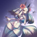  1:1 2_tails accessory alternate_version_at_source anthro bedroom_eyes big_breasts bikini bikini_pull blush breasts canid canine chatora_(pixiv) chest_tuft claws cleavage clothed clothing curvaceous curvy_figure daji_(full_bokko_heroes) dipstick_ears dipstick_tail facial_markings female flower flower_in_hair fox full_bokko_heroes_x fullbokko_heroes fur hair hair_accessory head_markings kemono legwear looking_at_viewer mammal markings midriff multi_tail multicolored_ears multicolored_hair multicolored_tail narrowed_eyes plant seductive sky smile solo standing star starry_sky swimwear thigh_highs tuft voluptuous white_body white_fur white_hair wide_hips yellow_eyes 