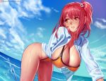  1girl bikini breasts cleavage dead_or_alive hair_ornament hanging_breasts honoka_(doa) huge_breasts long_hair looking_back navel nikita_varb nude orange_bikini parted_lips red_eyes red_hair shirt side_ponytail smile solo swimsuit thighs water wet wet_clothes wet_shirt 
