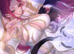  1girl black_feathers braid breasts cleavage closed_mouth cloud cloudy_sky commentary_request day earrings feathered_wings feathers fingernails fire_emblem fire_emblem_heroes gold_trim jewelry large_breasts lips loki_(fire_emblem) long_hair maeshima_shigeki nail_polish outdoors purple_eyes purple_hair sky smile solo wings 